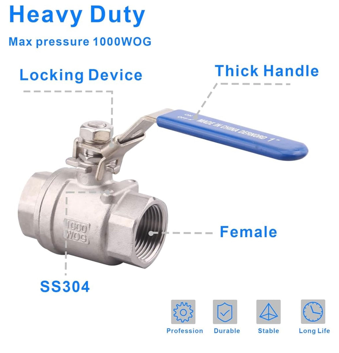 Stainless Steel 304 Ball Valve, 2-Piece Full Port Heavy Duty for WOG with Locking Device (1" NPT)