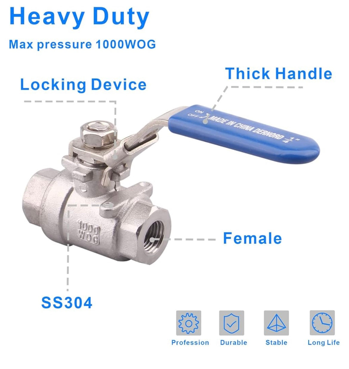 Stainless Steel 304 Ball Valve, 2-Piece Full Port Heavy Duty for WOG with Locking Device (1/4" NPT)