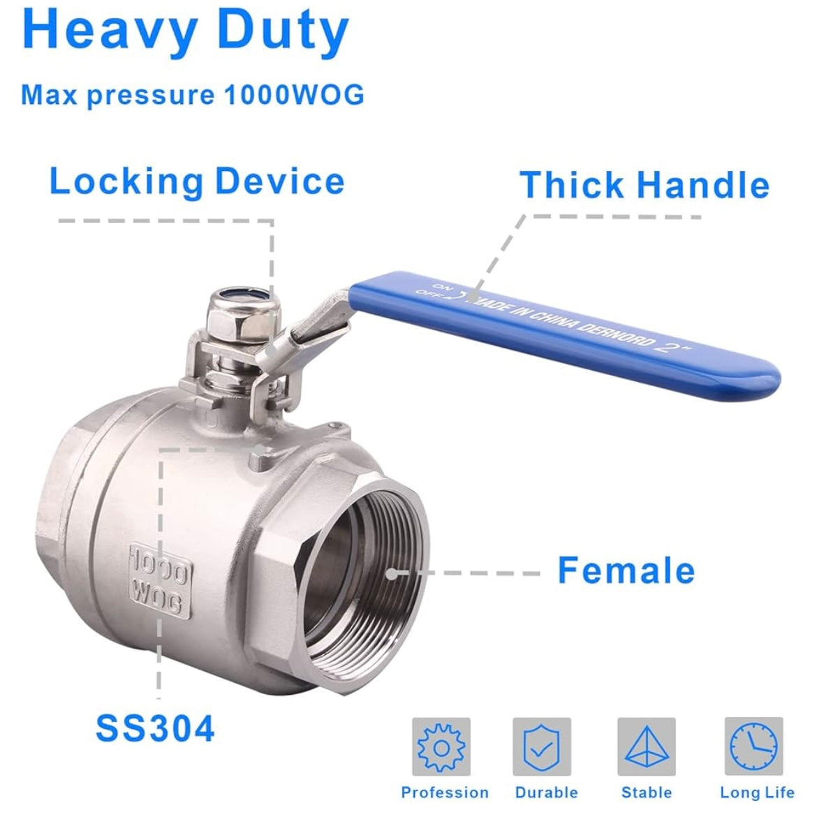 Stainless Steel 304 Ball Valve, 2-Piece Full Port Heavy Duty for WOG with Locking Device (2" NPT)