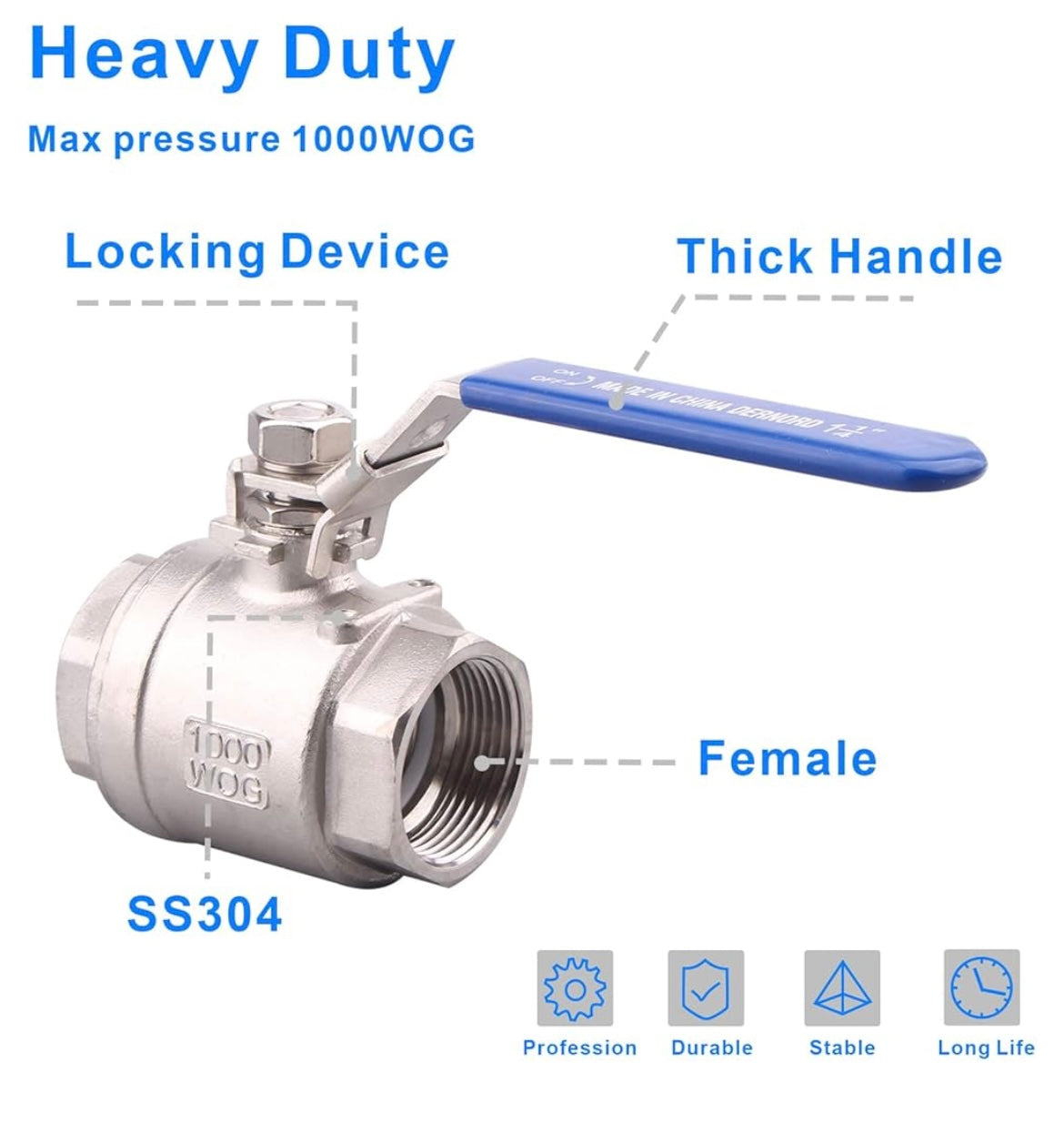 Stainless Steel 304 Ball Valve, 2-Piece Full Port Heavy Duty for WOG with Locking Device (1-1/4" NPT)