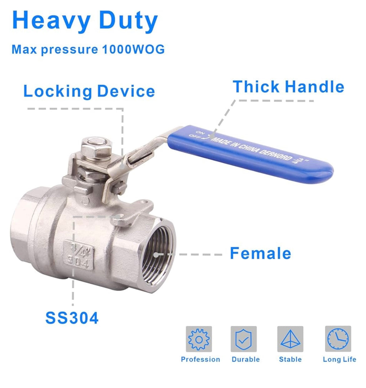 Stainless Steel 304 Ball Valve, 2-Piece Full Port Heavy Duty for WOG with Locking Device (3/4" NPT)